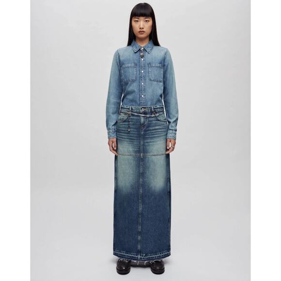 NEW! RE/DONE Sz 26 Mid Rise Split Jean Skirt Herbal Tint $395 msrp Denim G17-12